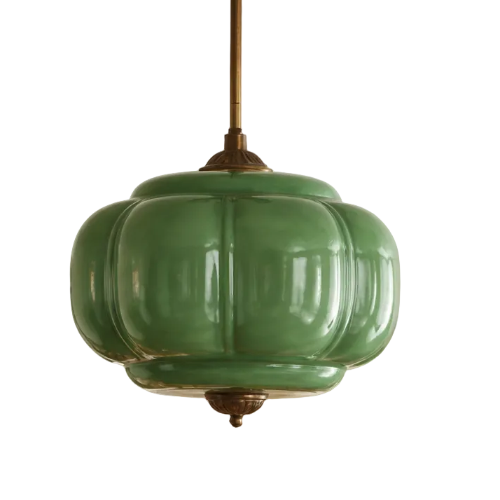 Aria pendant light in aged green glass with warm ambient glow