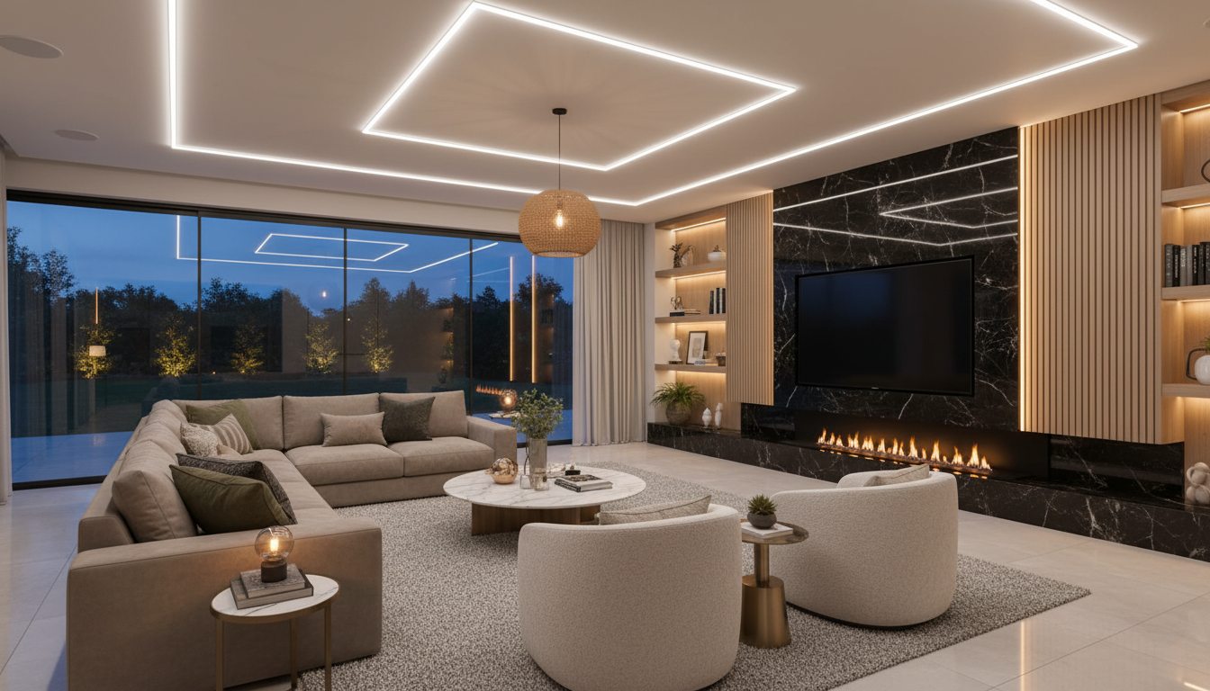 Modern luxury lounge with fireplace at blue hour