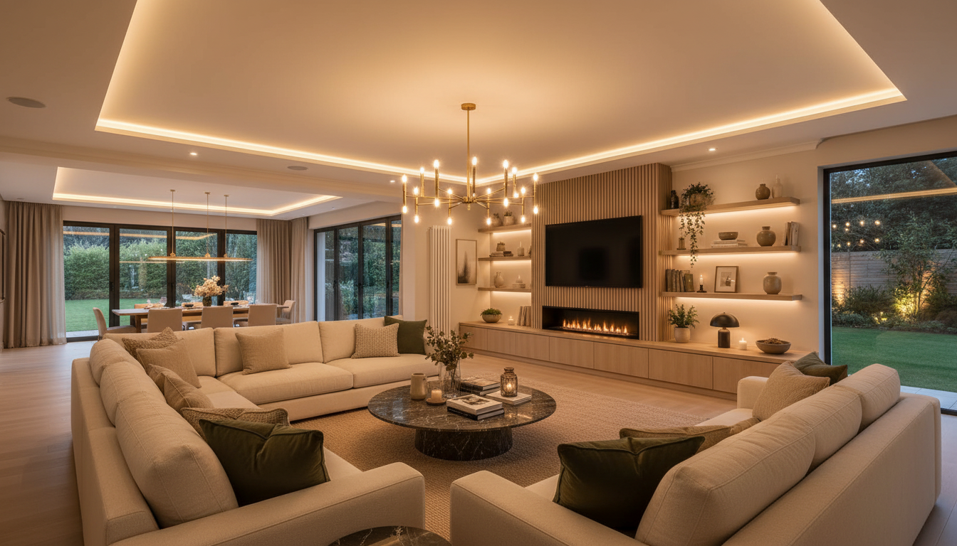 Luxury living room at dusk with warm chandelier lighting