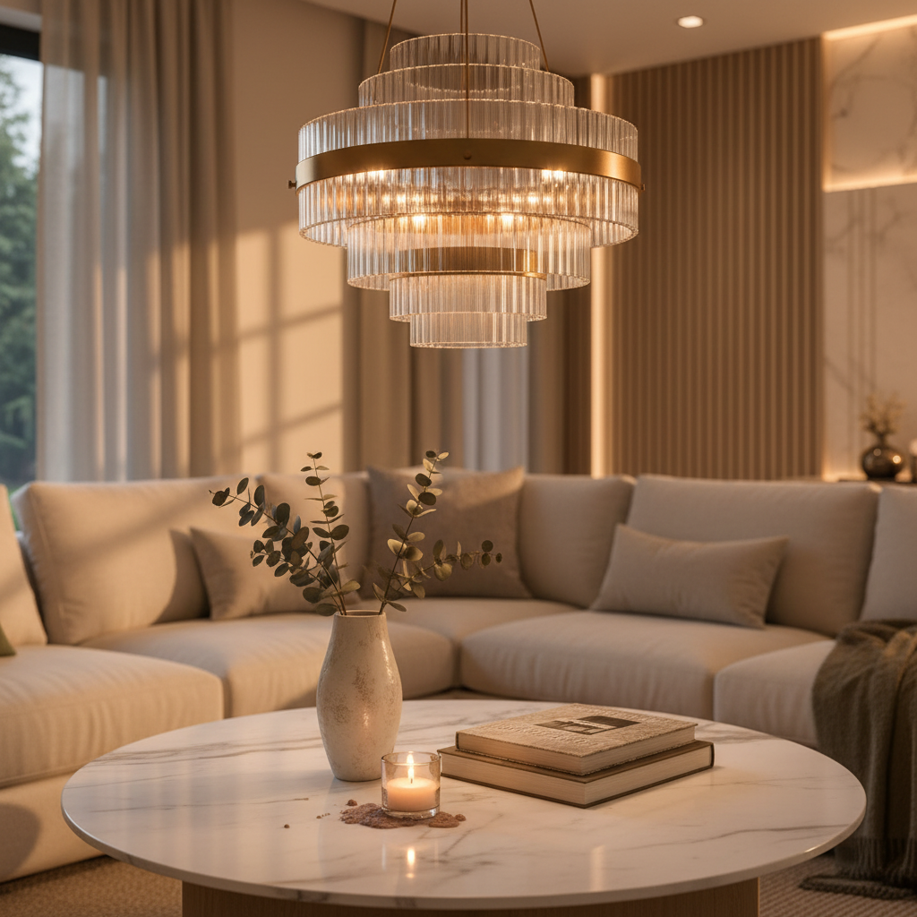 Brass chandelier glowing above a marble coffee table