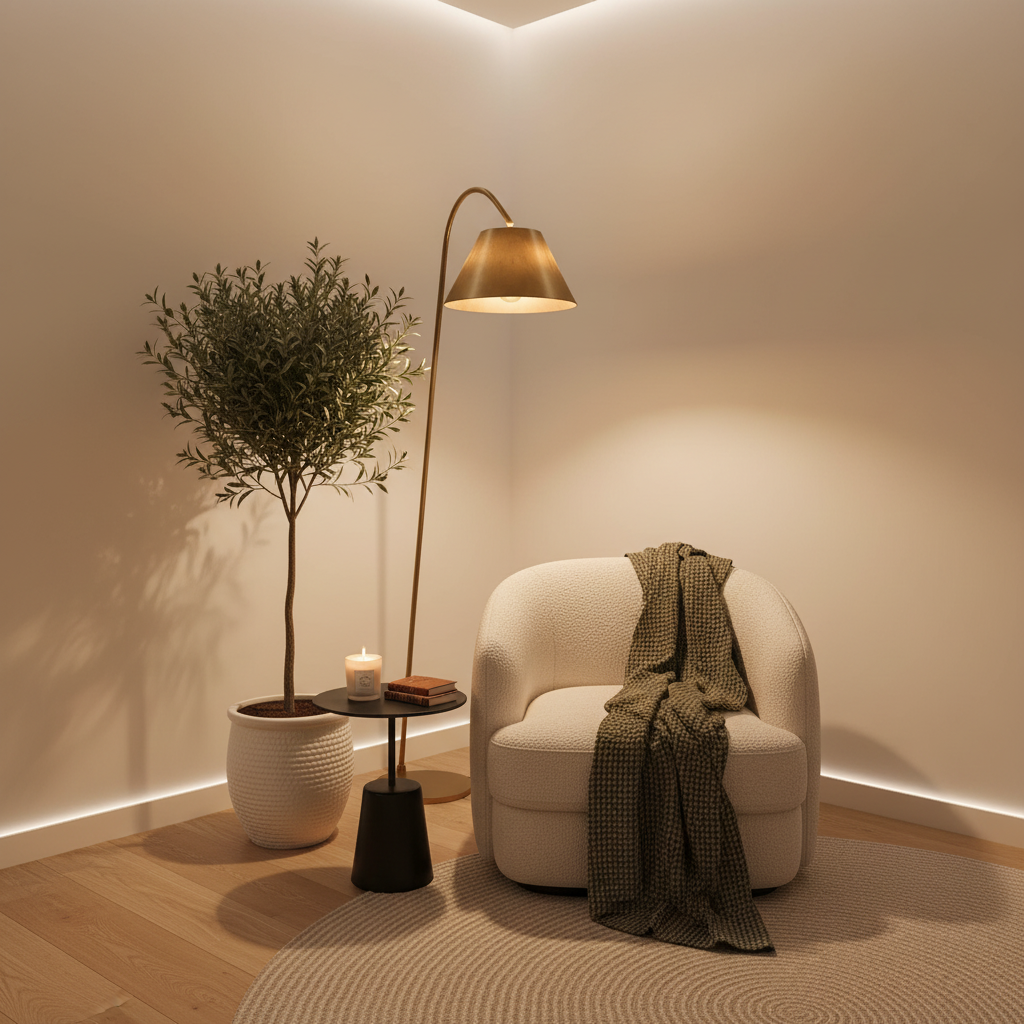 Cozy reading corner with designer floor lamp